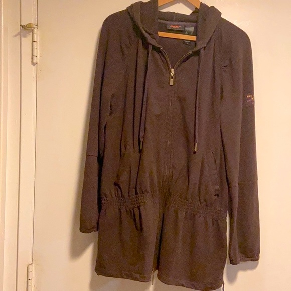 DKNY NYC - sweatshirt/ jacket, long, zippered, hooded. rich brown cocoa color. - Picture 1 of 9